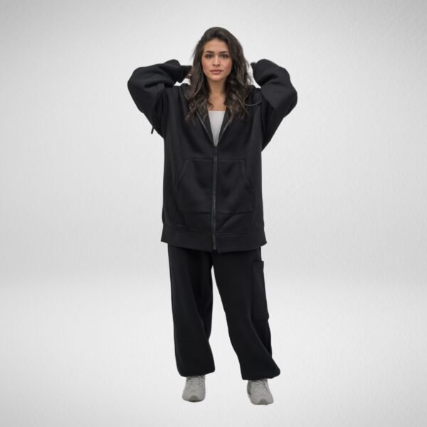 Heavy Hoodie Coat-Full Zip-Thumbhole -Black - Image 3