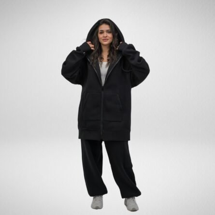 Heavy Hoodie Coat-Full Zip-Thumbhole -Black - Image 2